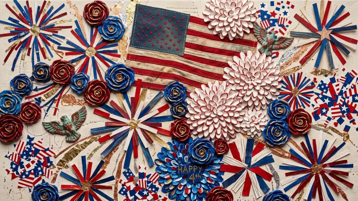Patriotic Paper Collage Frame TV sign — a mixed-media collage of a stitched flag, paper flowers, and firework bursts
